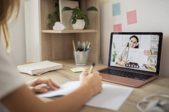 Illustration of a calm, professional online video consultation